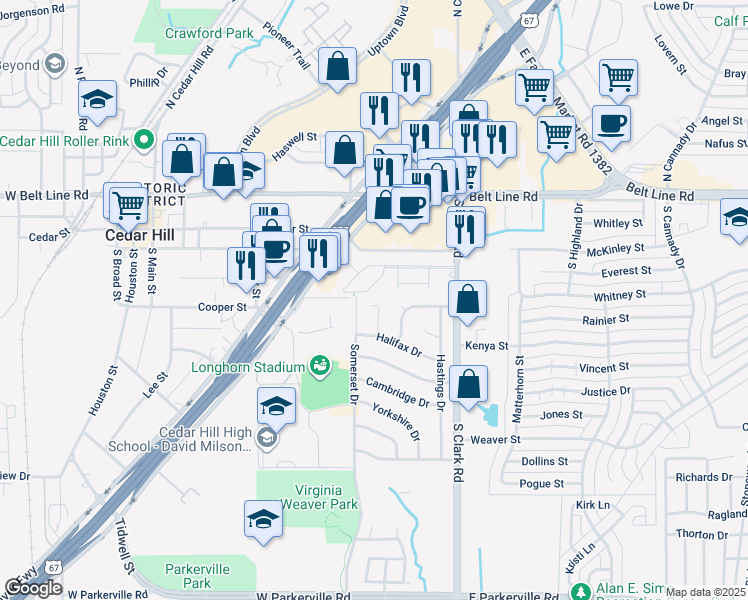 map of restaurants, bars, coffee shops, grocery stores, and more near 307 Halifax Court in Cedar Hill