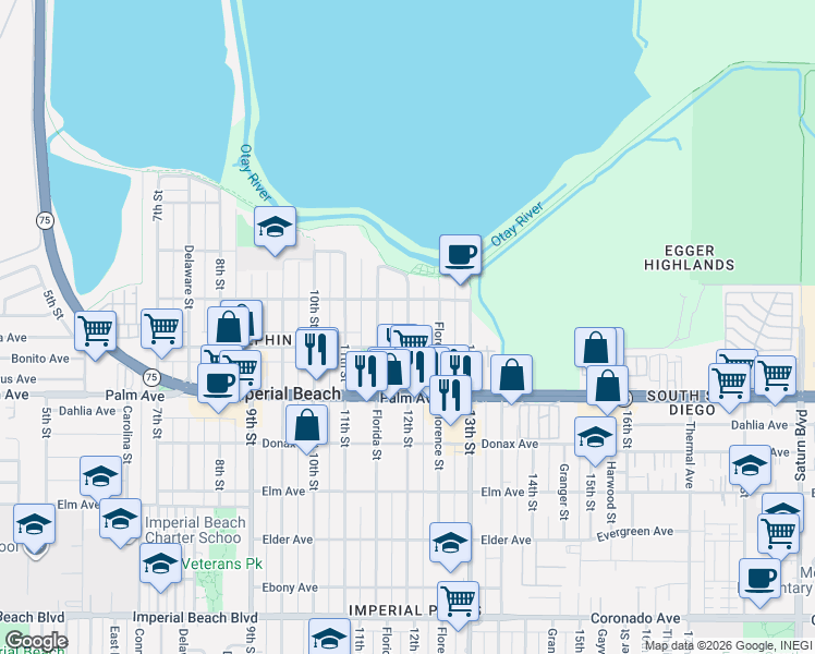 map of restaurants, bars, coffee shops, grocery stores, and more near 574 12th Street in Imperial Beach