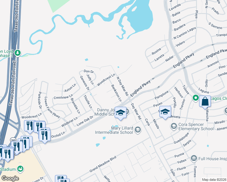 map of restaurants, bars, coffee shops, grocery stores, and more near 4500 Karen Drive in Mansfield