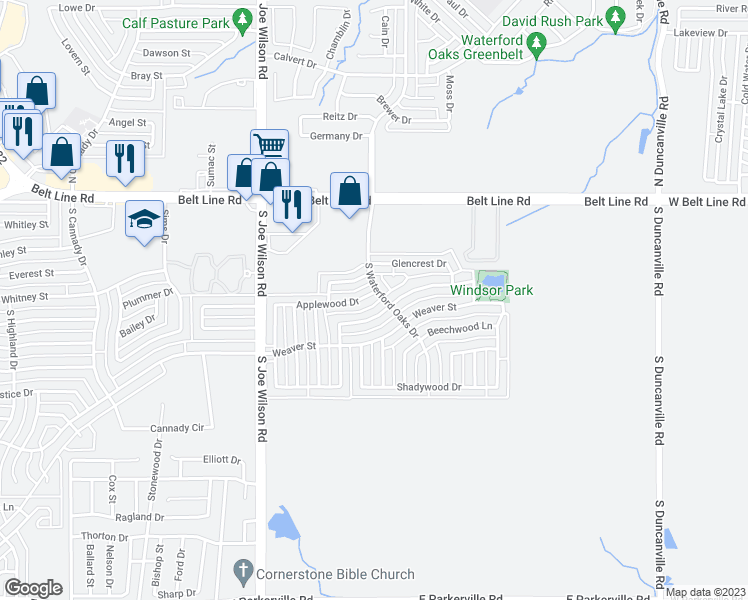 map of restaurants, bars, coffee shops, grocery stores, and more near 948 Applewood Drive in Cedar Hill