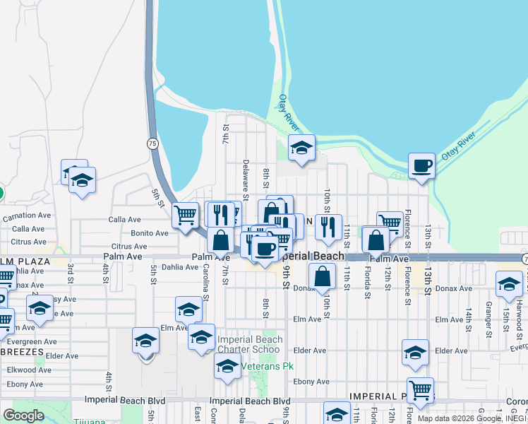 map of restaurants, bars, coffee shops, grocery stores, and more near 568e 8th Street in Imperial Beach