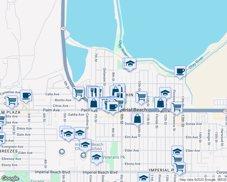 map of restaurants, bars, coffee shops, grocery stores, and more near 580 8th Street in Imperial Beach