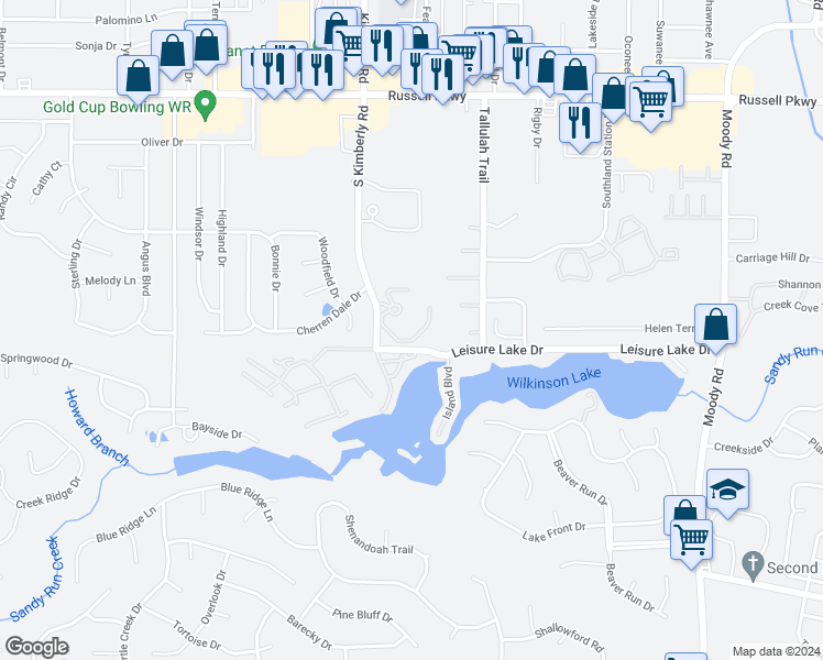 map of restaurants, bars, coffee shops, grocery stores, and more near 606 South Kimberly Road in Warner Robins