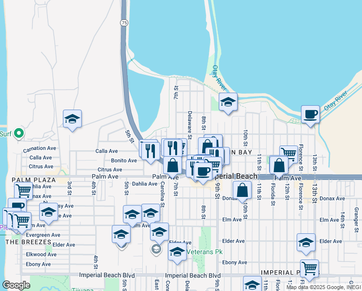 map of restaurants, bars, coffee shops, grocery stores, and more near 575 7th Street in Imperial Beach