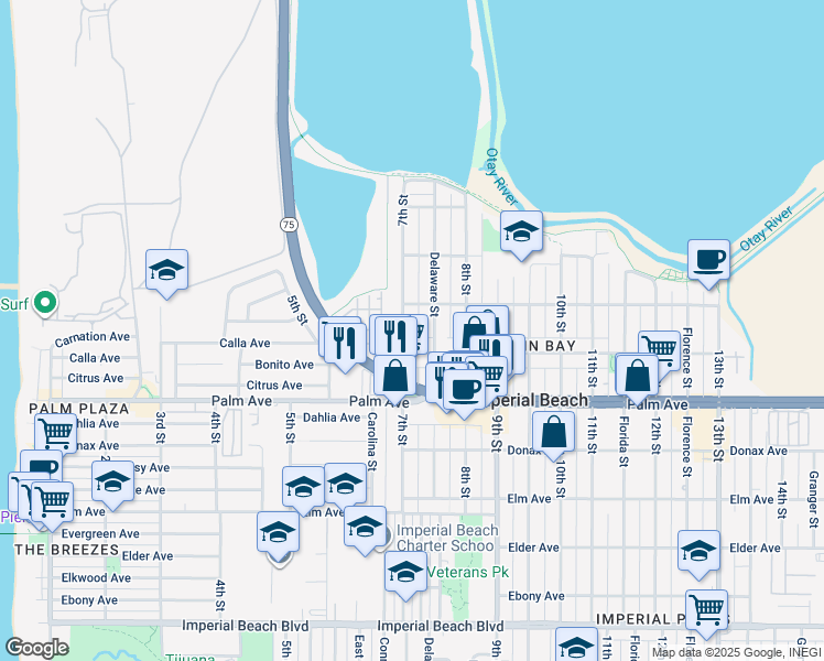map of restaurants, bars, coffee shops, grocery stores, and more near in Imperial Beach