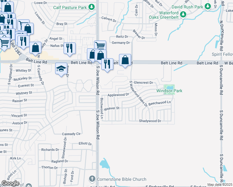 map of restaurants, bars, coffee shops, grocery stores, and more near 853 Applewood Drive in Cedar Hill