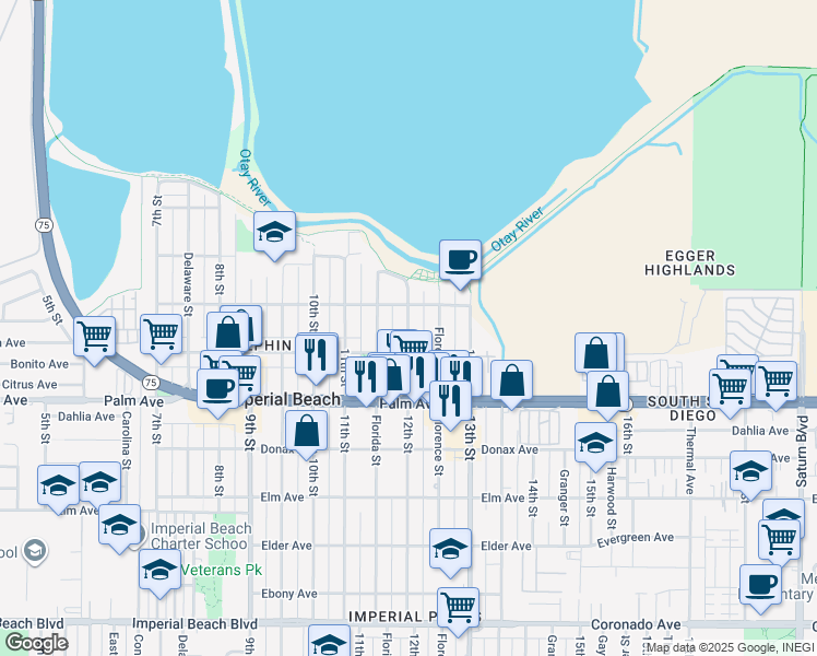 map of restaurants, bars, coffee shops, grocery stores, and more near 583 12th Street in Imperial Beach