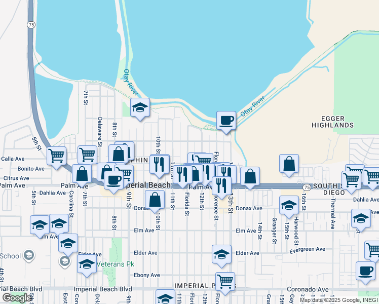 map of restaurants, bars, coffee shops, grocery stores, and more near 578 Florida Street in Imperial Beach