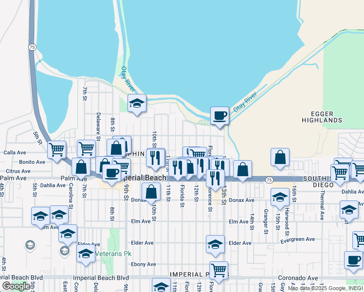 map of restaurants, bars, coffee shops, grocery stores, and more near 578 Florida Street in Imperial Beach