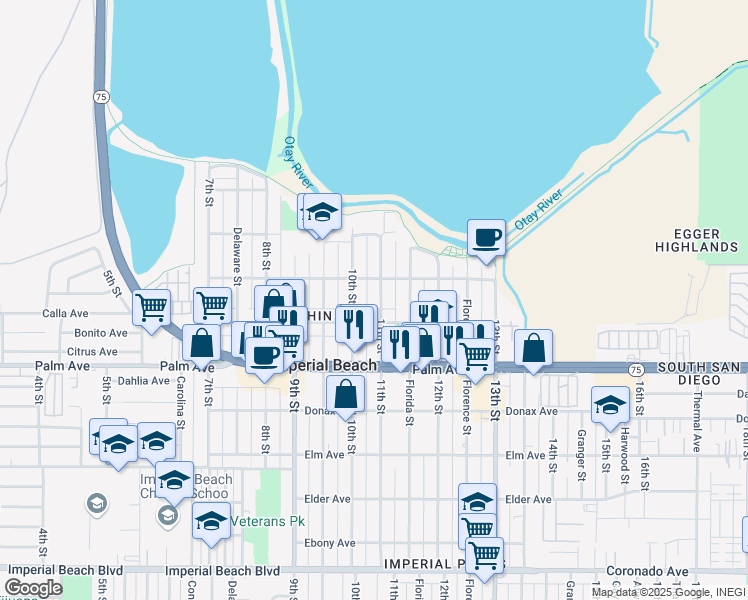 map of restaurants, bars, coffee shops, grocery stores, and more near 11th Street in Imperial Beach