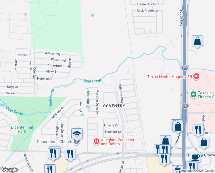 map of restaurants, bars, coffee shops, grocery stores, and more near 11801 Balliol Lane in Crowley