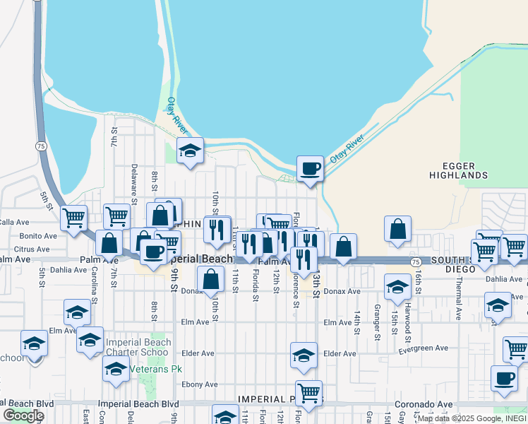 map of restaurants, bars, coffee shops, grocery stores, and more near 567 Florida Street in Imperial Beach