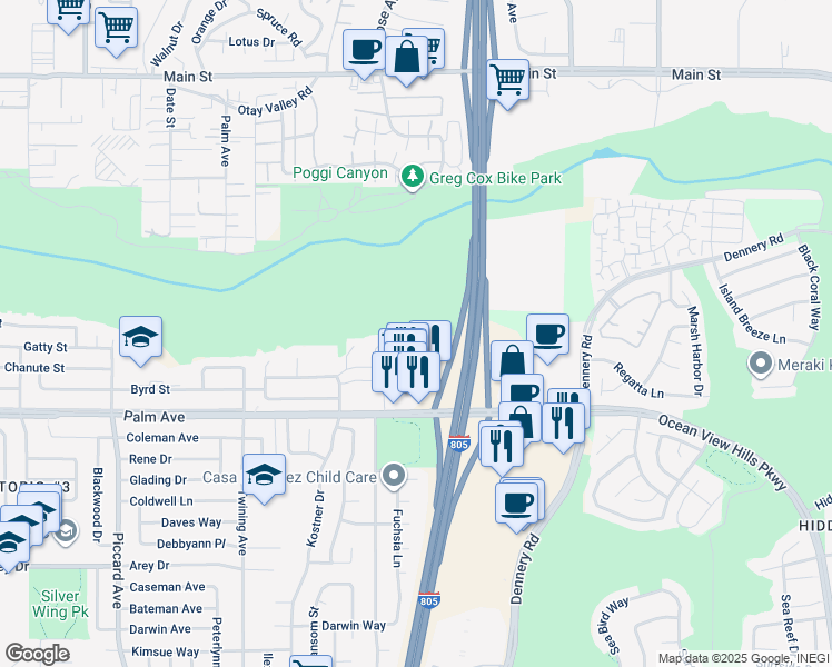 map of restaurants, bars, coffee shops, grocery stores, and more near 4420 Murrieta Circle in San Diego