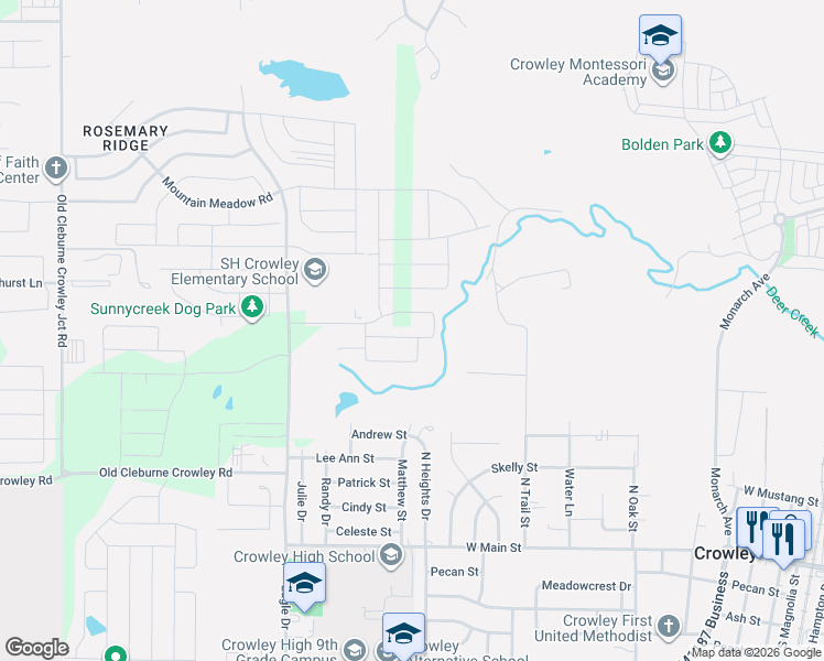 map of restaurants, bars, coffee shops, grocery stores, and more near 821 Roundtree Lane in Crowley