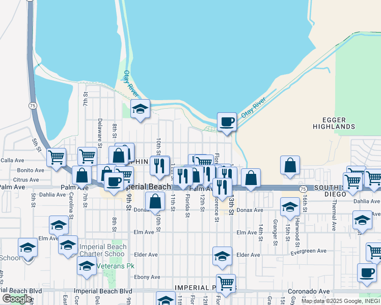 map of restaurants, bars, coffee shops, grocery stores, and more near 565 Florida Street in Imperial Beach