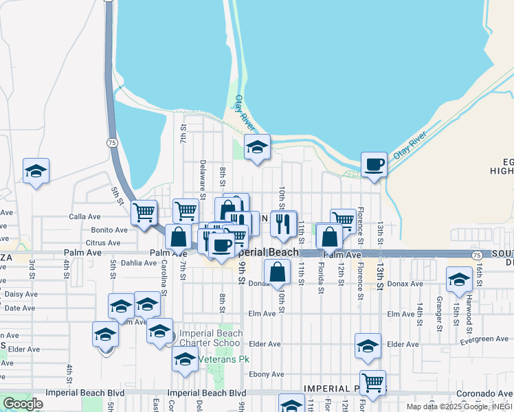 map of restaurants, bars, coffee shops, grocery stores, and more near 570 Emory Street in Imperial Beach