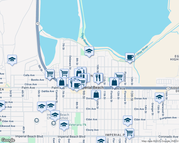 map of restaurants, bars, coffee shops, grocery stores, and more near 570 Emory Street in Imperial Beach