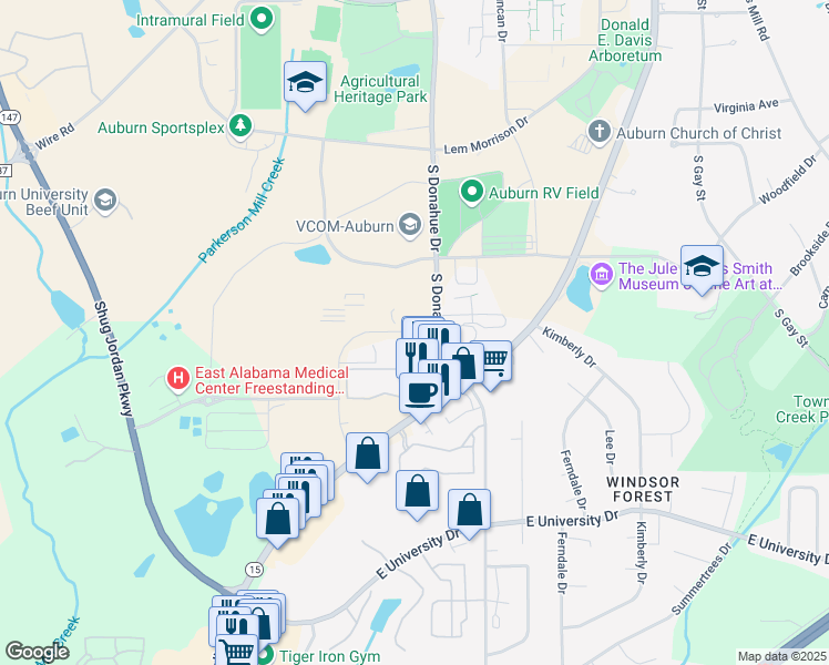 map of restaurants, bars, coffee shops, grocery stores, and more near 520 Devall Drive in Auburn