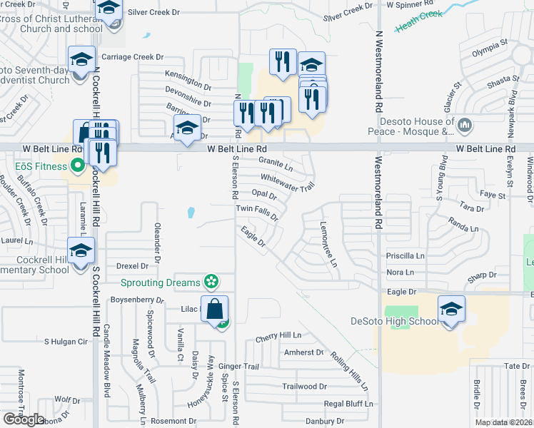 map of restaurants, bars, coffee shops, grocery stores, and more near 1020 Twin Falls Drive in DeSoto