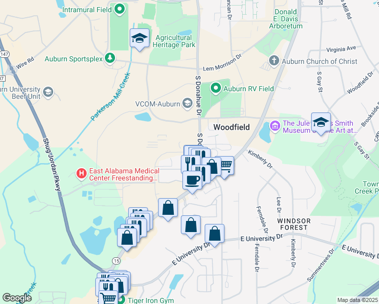 map of restaurants, bars, coffee shops, grocery stores, and more near 520 Devall Drive in Auburn