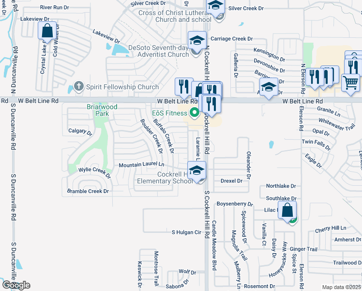 map of restaurants, bars, coffee shops, grocery stores, and more near 1325 Wolf Creek Drive in DeSoto