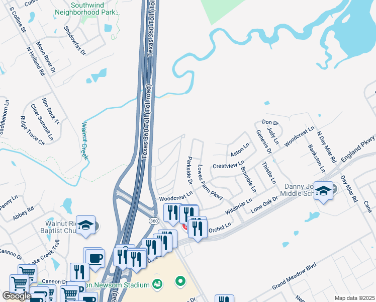 map of restaurants, bars, coffee shops, grocery stores, and more near 1503 Parkside Drive in Mansfield