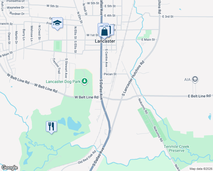 map of restaurants, bars, coffee shops, grocery stores, and more near 608 South Dallas Avenue in Lancaster