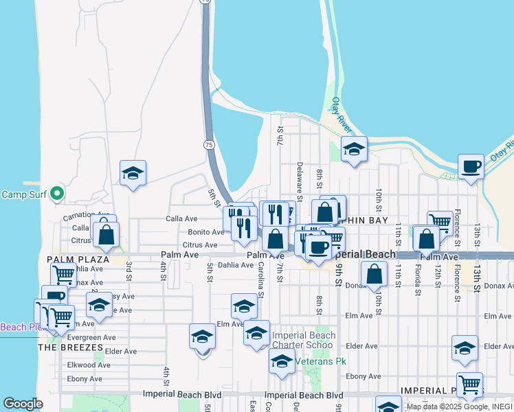 map of restaurants, bars, coffee shops, grocery stores, and more near 524 Turnstone Lane in Imperial Beach