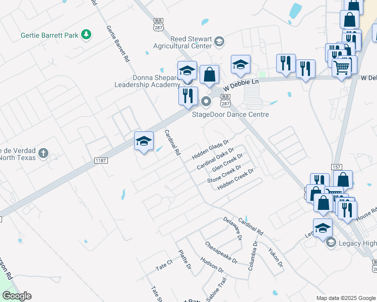 map of restaurants, bars, coffee shops, grocery stores, and more near 1305 Hidden Oaks Drive in Mansfield