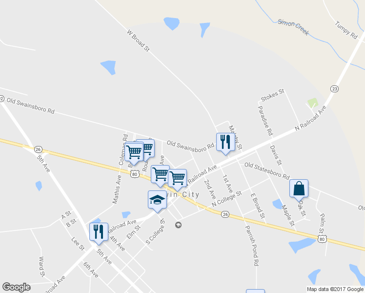 map of restaurants, bars, coffee shops, grocery stores, and more near 143 Old Swainsboro Road in Twin City
