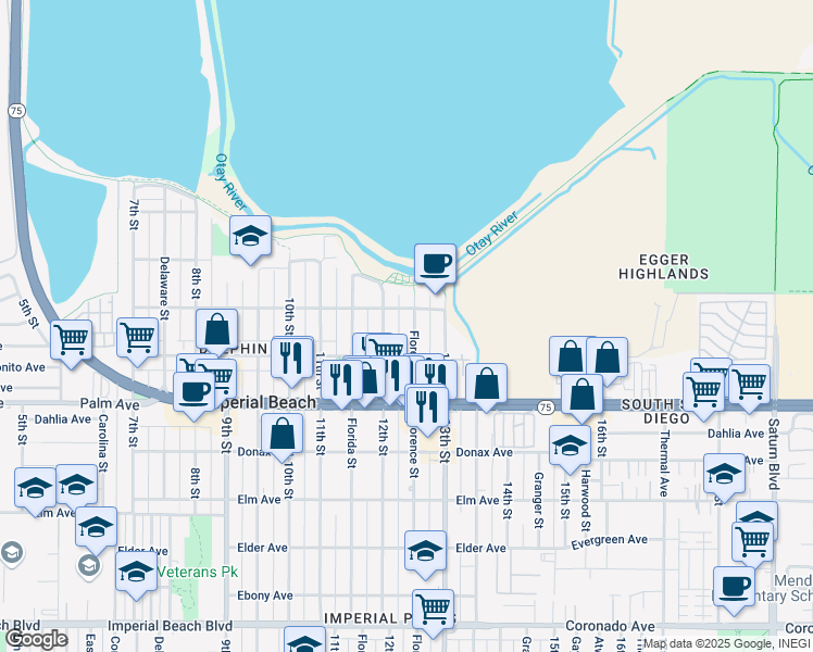 map of restaurants, bars, coffee shops, grocery stores, and more near 577 Florence Street in Imperial Beach