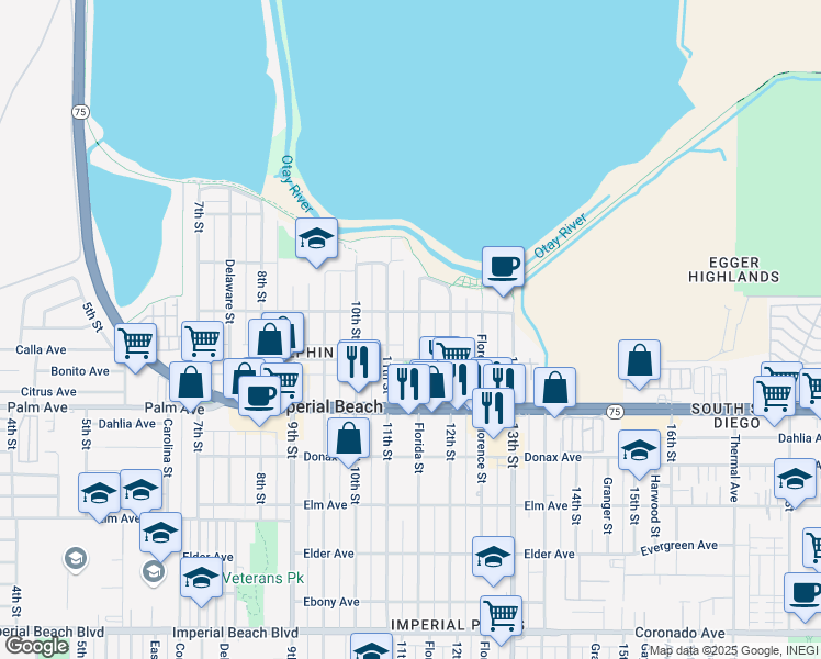 map of restaurants, bars, coffee shops, grocery stores, and more near 578 Florida Street in Imperial Beach