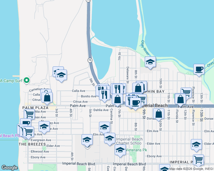 map of restaurants, bars, coffee shops, grocery stores, and more near 511 Pelican Lane in Imperial Beach