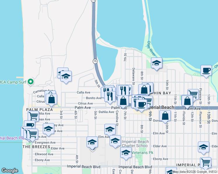 map of restaurants, bars, coffee shops, grocery stores, and more near 511 Pelican Lane in Imperial Beach