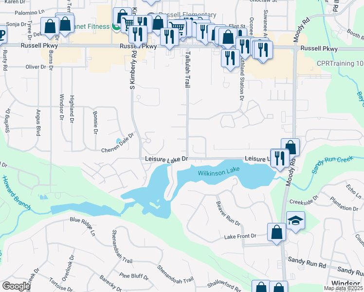 map of restaurants, bars, coffee shops, grocery stores, and more near 100 Tallulah Trail in Warner Robins