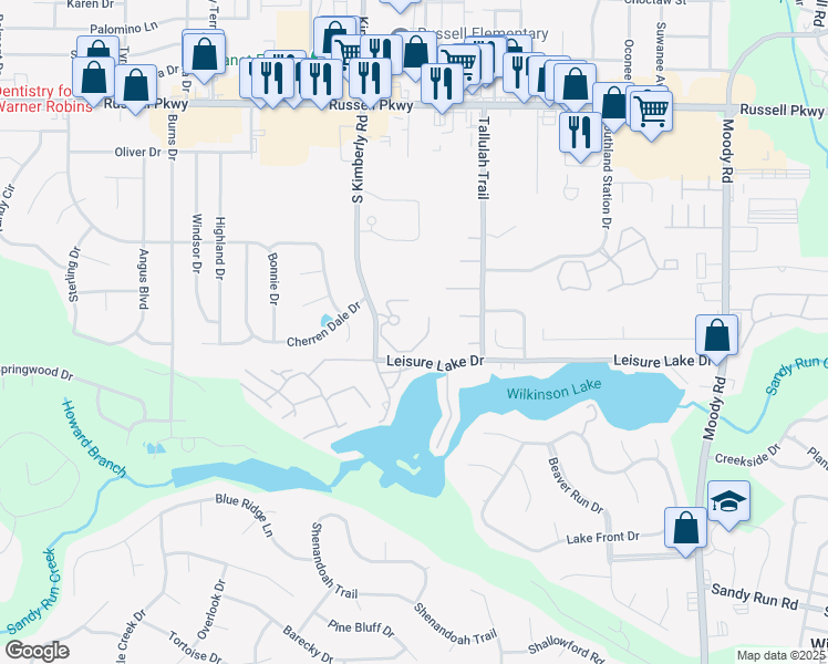 map of restaurants, bars, coffee shops, grocery stores, and more near 606 South Kimberly Road in Warner Robins