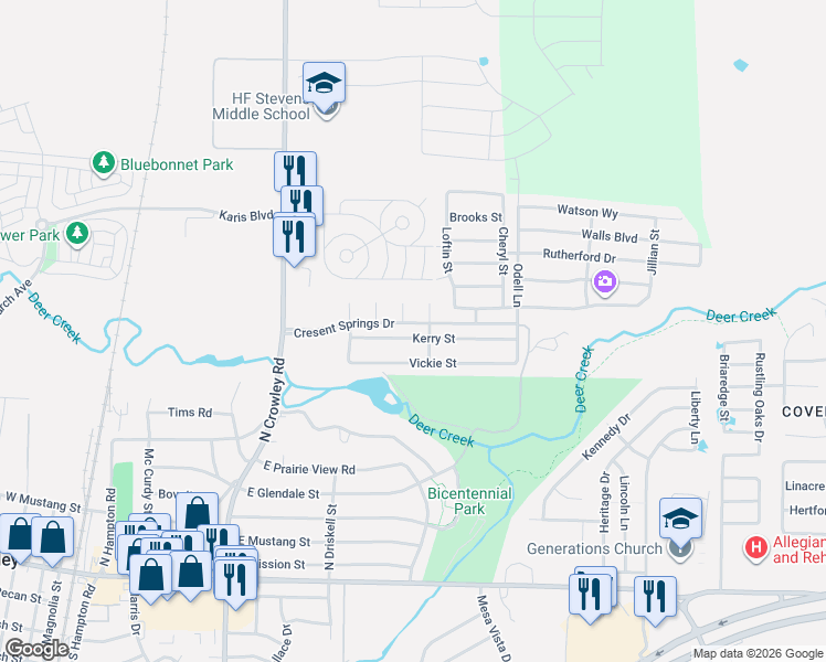 map of restaurants, bars, coffee shops, grocery stores, and more near 554 Kerry Street in Crowley