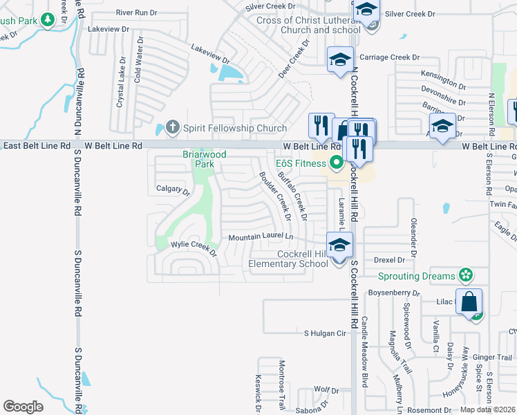 map of restaurants, bars, coffee shops, grocery stores, and more near 1509 Tumble Creek Drive in DeSoto
