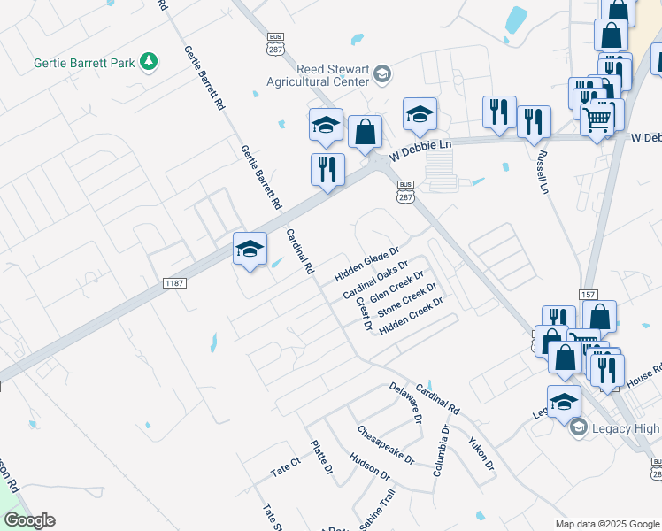 map of restaurants, bars, coffee shops, grocery stores, and more near 1301 Hidden Glade Drive in Mansfield
