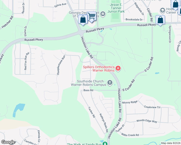 map of restaurants, bars, coffee shops, grocery stores, and more near 1011 Kathryn Ryals Road in Warner Robins