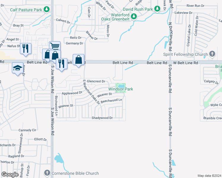 map of restaurants, bars, coffee shops, grocery stores, and more near 1100 Waterview Drive in Cedar Hill