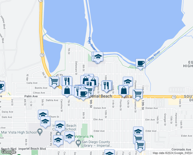 map of restaurants, bars, coffee shops, grocery stores, and more near 568 Emory Street in Imperial Beach
