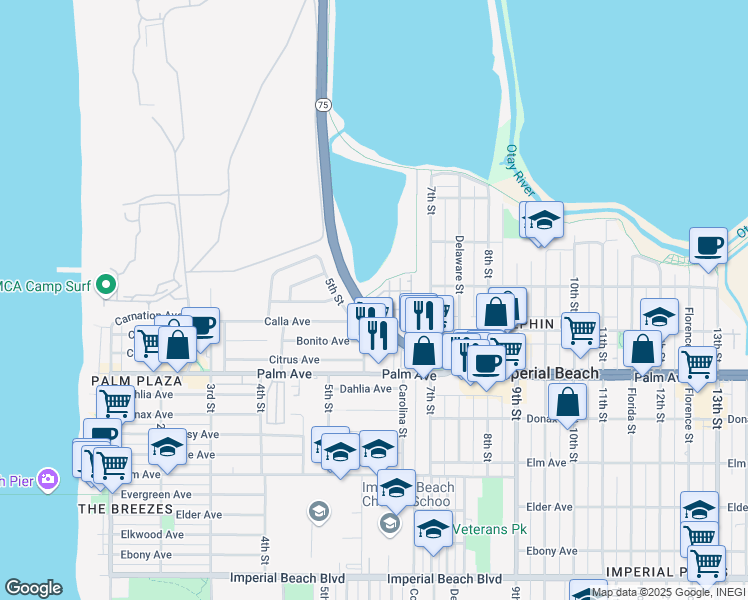 map of restaurants, bars, coffee shops, grocery stores, and more near 511 Pelican Lane in Imperial Beach