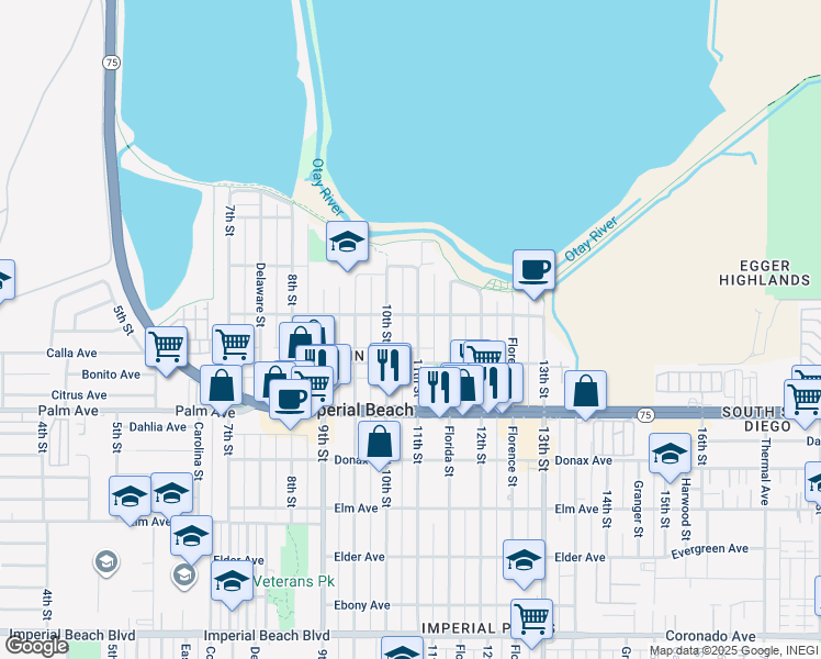 map of restaurants, bars, coffee shops, grocery stores, and more near 574 11th Street in Imperial Beach