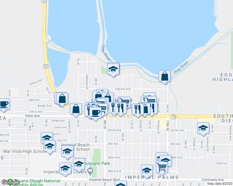 map of restaurants, bars, coffee shops, grocery stores, and more near 578 10th Street in Imperial Beach