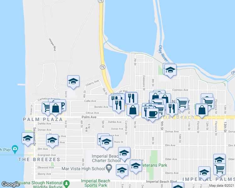 map of restaurants, bars, coffee shops, grocery stores, and more near 511 Pelican Lane in Imperial Beach