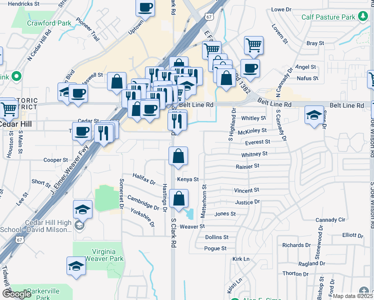 map of restaurants, bars, coffee shops, grocery stores, and more near 251-299 South Clark Road in Cedar Hill