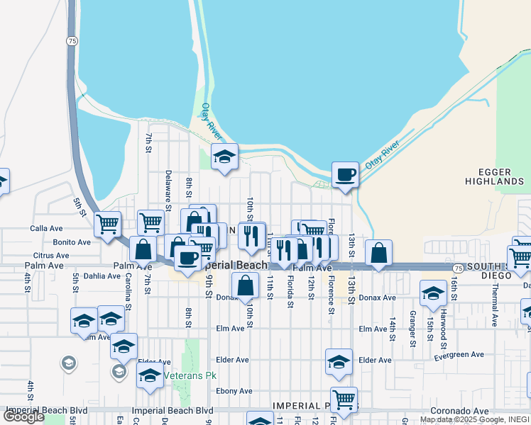 map of restaurants, bars, coffee shops, grocery stores, and more near 574 11th Street in Imperial Beach