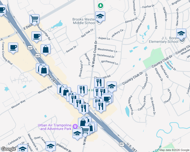 map of restaurants, bars, coffee shops, grocery stores, and more near 1203 Clover Hill Road in Mansfield