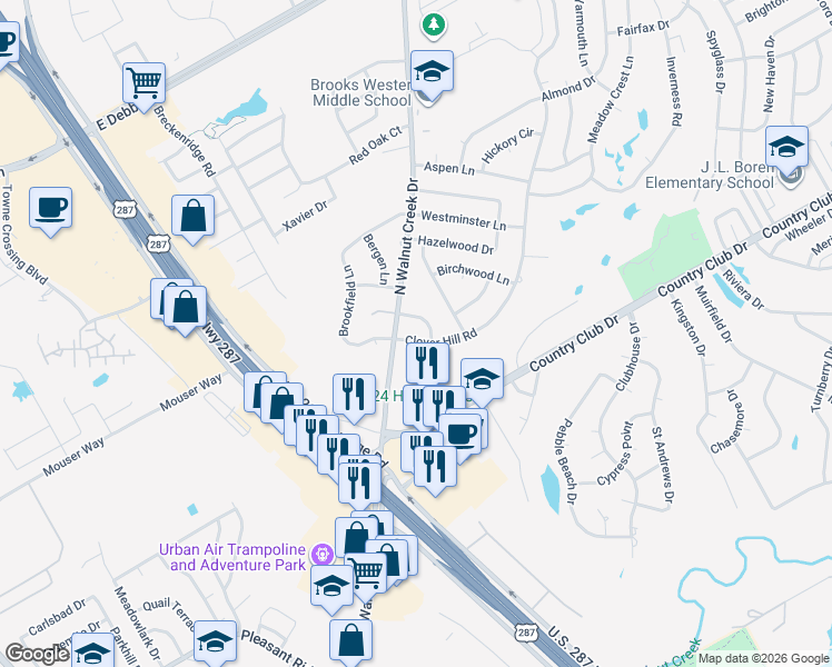 map of restaurants, bars, coffee shops, grocery stores, and more near 1203 Clover Hill Road in Mansfield